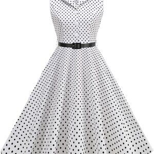 Women's 1950s Retro Polka Dot Swing Midi Dress Sleeveless V-Neck